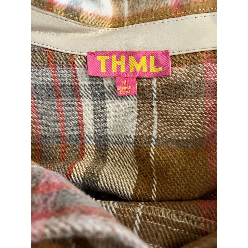 Thml Brown Plaid Cropped Shacket Button Front Siz… - image 3